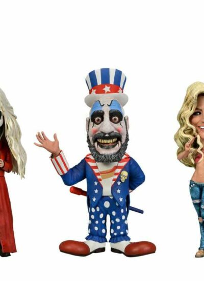 Neca Action figures House of 1000 Corpses Little Big Head 3-pack. Captain Spaulding, Otis Driftwood, and Baby each measure between 5 and 6 inches tall.
