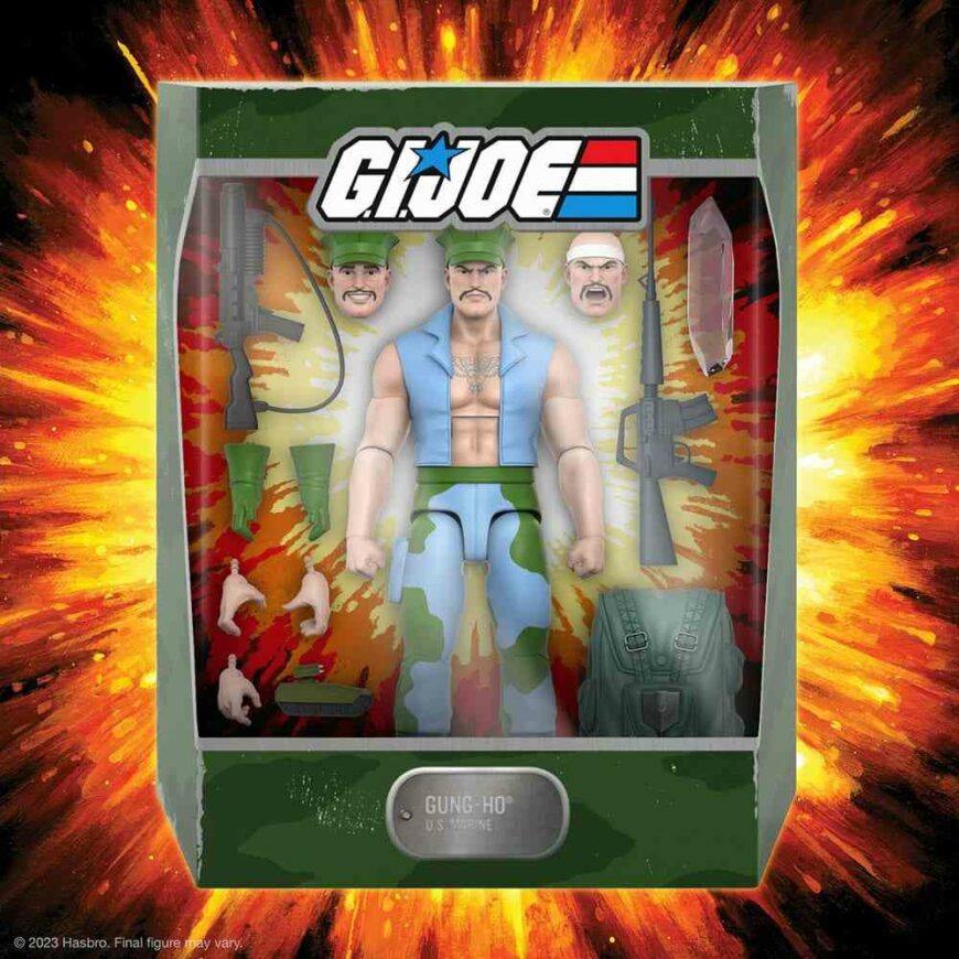 G.I. Joe Gung-Ho Ultimates Action Figure Super7. multiple interchangeableheads & hands, weapons, his backpack, a crystal, and toy tank.