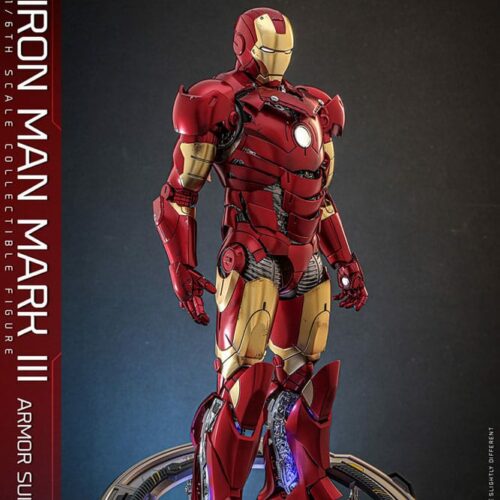 Iron Man Movie Masterpiece Diecast Action Figure 1/6 Iron Man Mark III (Armor Suit Up Version) 32 cm Action figures Marvel Sideshow and Hot Toys are delighted to announce the Iron Man Mark III (Armor Suit Up Version) Sixth Scale Collectible Figure, capturing the iconic moment from Iron Man when Tony Stark first tests his sleek and powerful armor. This edition elevates the classic suit-up scene with meticulously designed opening armor plates and new inner mechanical details, delivering the ultimate collector's experience. This sixth-scale diecast collectible figure marks a milestone for Hot Toys, it's the first to feature a Tony Stark helmeted head sculpt with separate rolling eyeballs, bringing an authentic, dynamic expression to your Iron Man display. Armor components on the chest, back air flaps, shoulders, upper arms, abdomen, lower back, thighs, shins, and calves can be opened to simulate the dynamic suiting-up process. Inside, electroplated inner mechanical structures are revealed, making this figure as much a piece of engineering art as it is a collectible. LED lights illuminate the helmeted eyes, palms, Arc Reactor, shins, and calves in crisp white and blue tones, showcasing Stark's high-tech core. Accessories include shoulder-mounted guns, forearm armors in protection shield mode, forearm rockets in firing mode, and three pairs of hands for varied battle poses. A specially designed figure stand in metallic red, silver, and gold includes two articulated diorama pieces to support your dynamic suit-up setup. The base features LED integration to light up Iron Man from below. With openable armor revealing inner mechanics, striking LED effects, and Tony's first head sculpt with rolling eyeballs, the Mark III (Suit Up Version) is a phenomenal piece for any Marvel Iron Man collection.