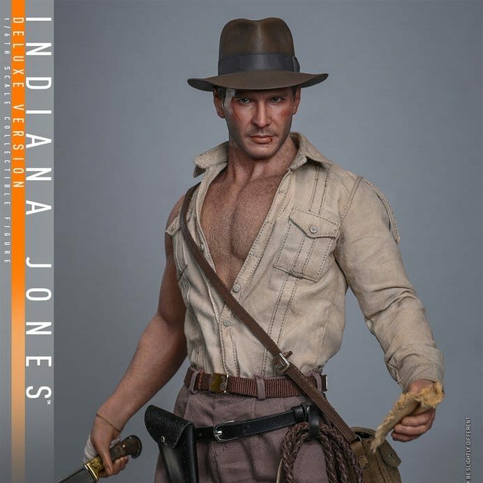 In "Indiana Jones and the Temple of Doom," Indiana Jones, portrayed by Harrison Ford, is a fearless archaeologist and adventurer. Set in 1935, he is called upon by desperate villagers to retrieve a sacred stone stolen by a secret cult. His journey becomes perilous as he seeks to rescue children enslaved by this sinister group. With his trademark charm and resourcefulness, Indy confronts chilling challenges and exhilarating adventures. Today, Hot Toys is thrilled to present the 1/6th scale Indiana Jones Collectible Figure (Deluxe Version). The figure features a newly developed head sculpt, complete with a fedora hat and separate rolling eyeballs, adorned with detailed wounds and bruises for a battle-damaged appearance. The upper body and arms are crafted from silicone for a seamless design that beautifully recreates Indy's lean and muscular physique. The costume is finely tailored to replicate his on-screen appearance, featuring one-sleeved shirt and trousers with weathering and distressed effects for a battle-damaged look. It includes a fabric belt, a genuine leather belt with a holster, and a pair of boots. Additionally, it comes with a red cord for his shirtless look. The figure is equipped with an array of weapons and accessories, including a genuine leather whip, a spear, a machete, a revolver, a crossbody bag, a Sanskrit manuscript, and two sets of Sankara Stones (in both dormant and activated states). The Deluxe Version features a newly designed skull altar-themed diorama base that can hold the Sankara Stones, along with roped planks at the back, allowing for various dynamic displays. Pre-order this stunning Indiana Jones collectible today and step into the world of adventure.